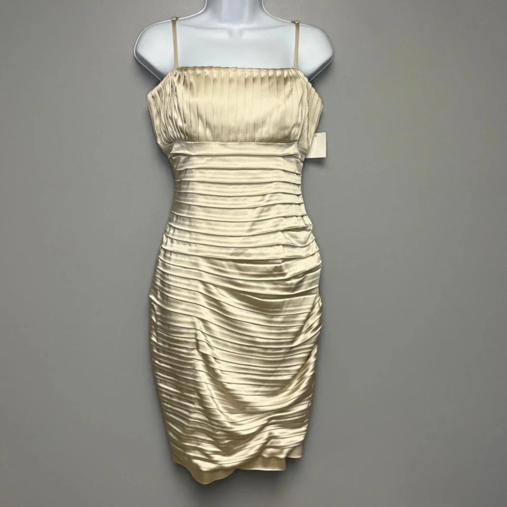 NWT Calvin Klein Cream Pleated Satin Strappy Evening Body Con Mini Dress Sz 10